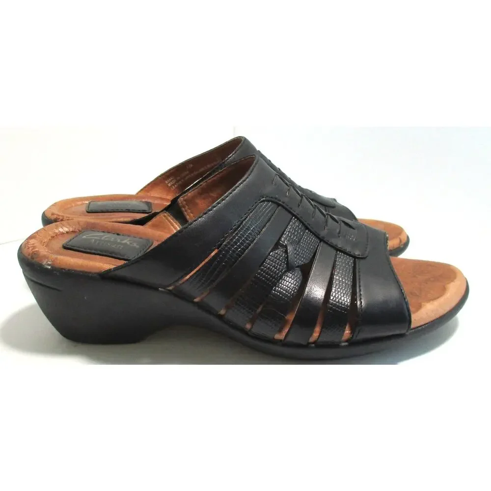 Clarks Artisan Women's Black Leather Slide Sandals #83443 Size 7.5M